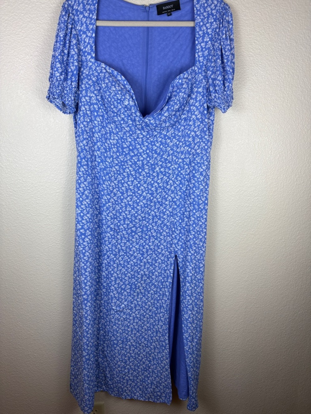 Bardot Blue White Floral Puff Smocked Sleeve Cuff Midi Dress US Size 10